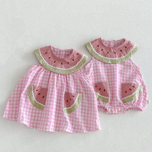 2026 New Summer Sweet Style Kids Dress Pink Watermelon Plaid Dress for Girls Sleeveless lightweight Children Clothes