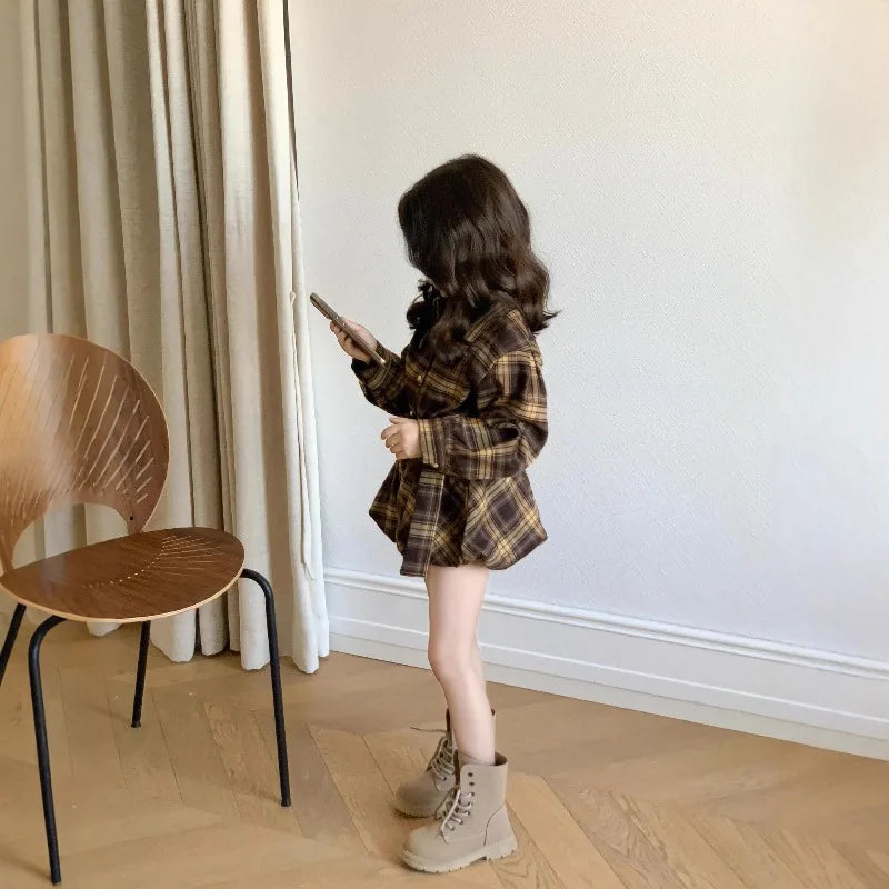Girls Set 2025 Autumn Spring Korean Style Fashion Vintage Elegant Cute Long Sleeve Plaid Shirt Short Two Piece Set