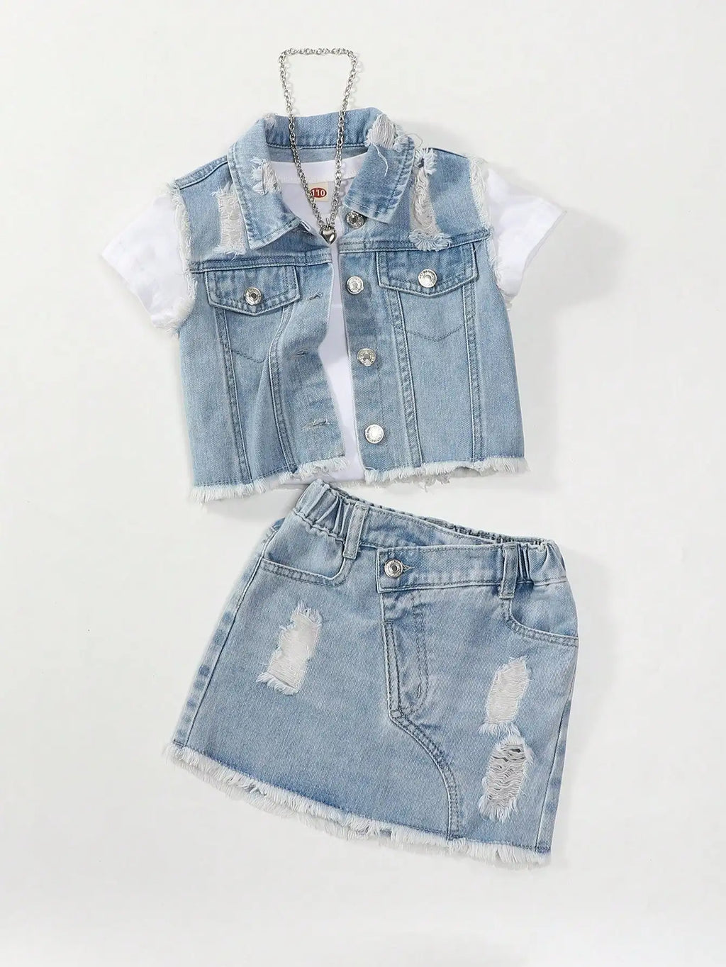 Girls Casual Style Sleeveless Top with Distressed Denim Skirt Set - Trendy Outfit for Kids