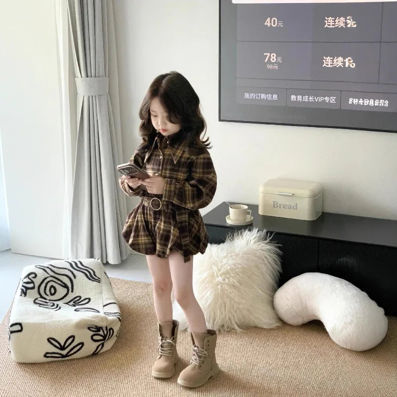 Girls Set 2025 Autumn Spring Korean Style Fashion Vintage Elegant Cute Long Sleeve Plaid Shirt Short Two Piece Set