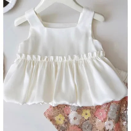 Set Kid Girl 2025 Summer New Style Ruffled Vest Sequin-embellished Skirt Floral-print Two Piece Set Sweet Fashion Korean
