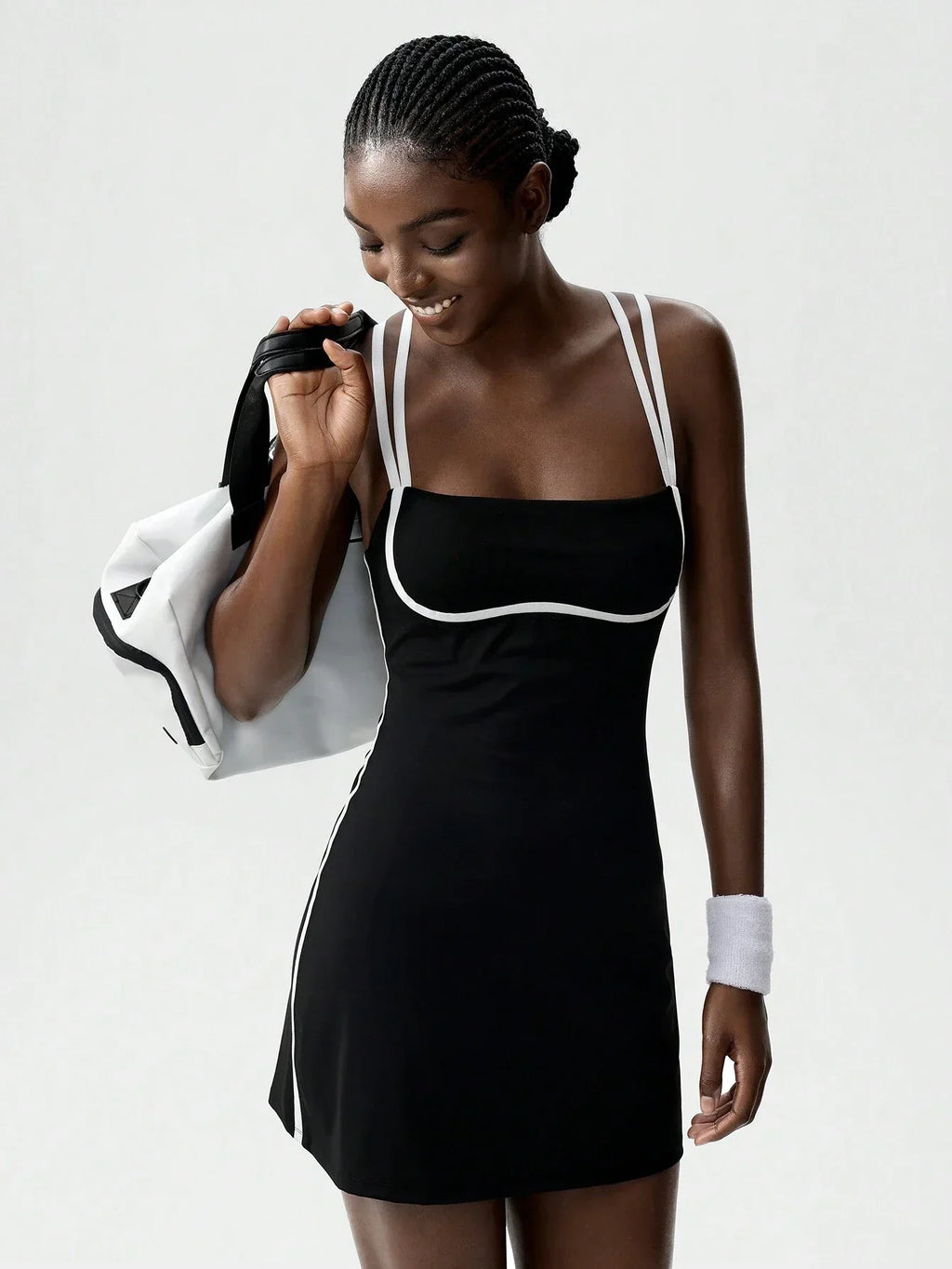 Black Striped Backless Active Dress For Women Tennis Yoga