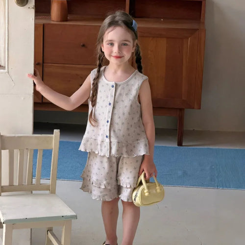 26 Spring Summer Girl Knit 2piece Set Children Kid Clothes Floral Vest Shorts Pants Baby Sleeveless Tshirt Top 3-12 Years Ourfit