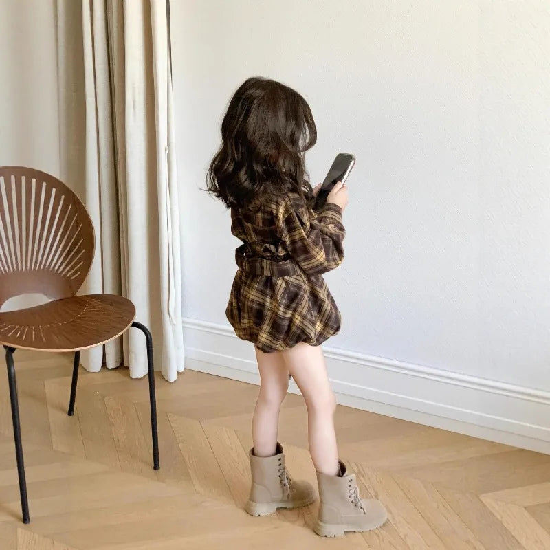 Girls Set 2025 Autumn Spring Korean Style Fashion Vintage Elegant Cute Long Sleeve Plaid Shirt Short Two Piece Set