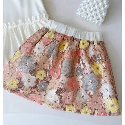 Set Kid Girl 2025 Summer New Style Ruffled Vest Sequin-embellished Skirt Floral-print Two Piece Set Sweet Fashion Korean