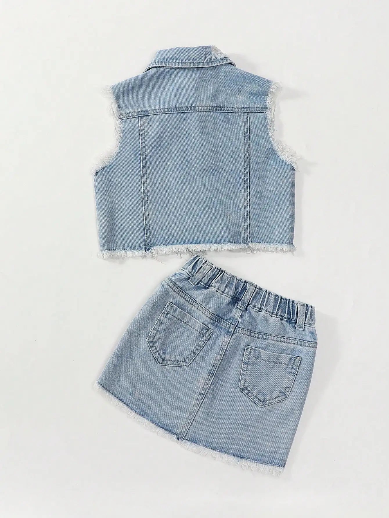 Girls Casual Style Sleeveless Top with Distressed Denim Skirt Set - Trendy Outfit for Kids