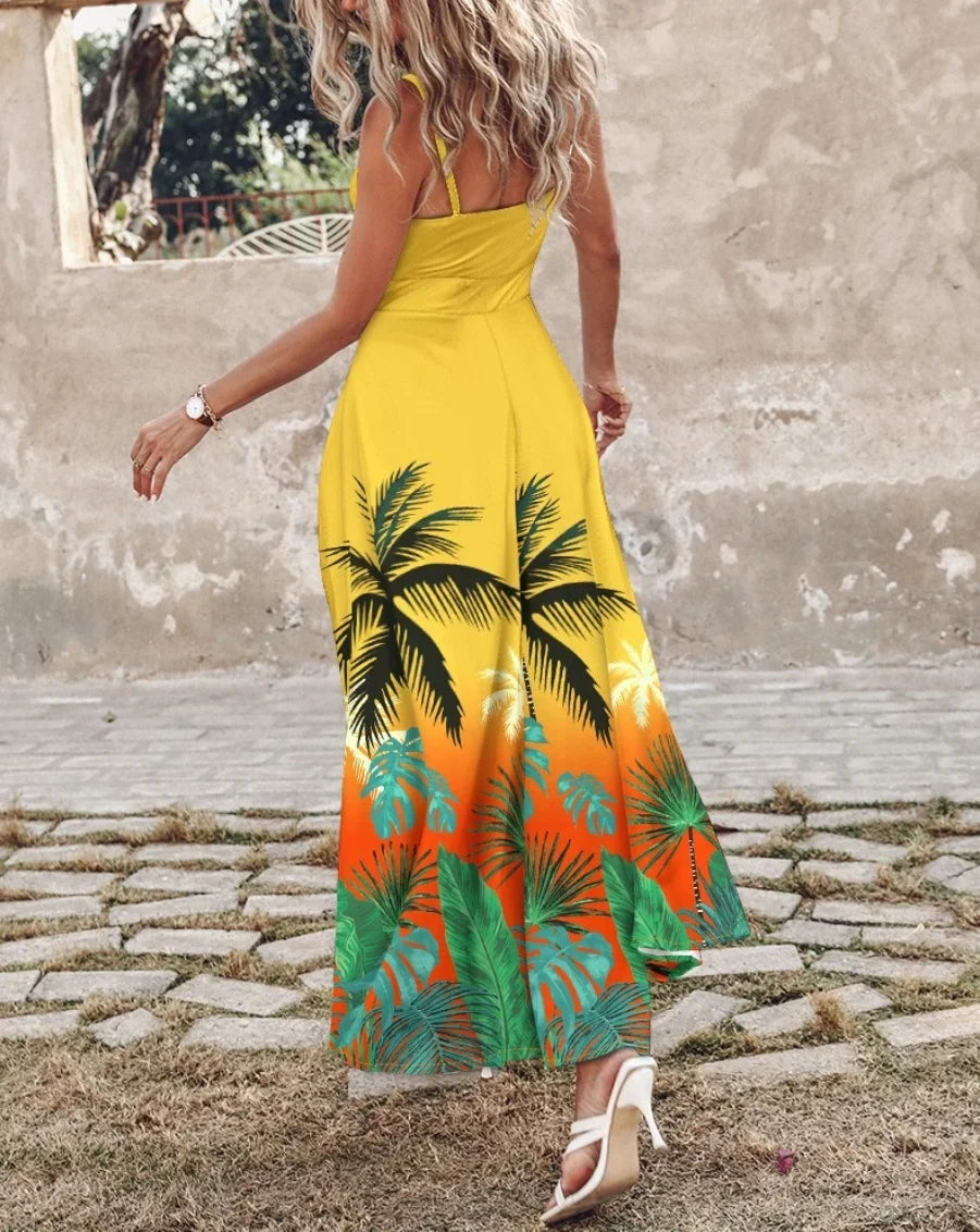 Women's Ombre Leaf Eyelet Strap Maxi Dress Elegant Hawaiian Vacation Sleeveless Summer