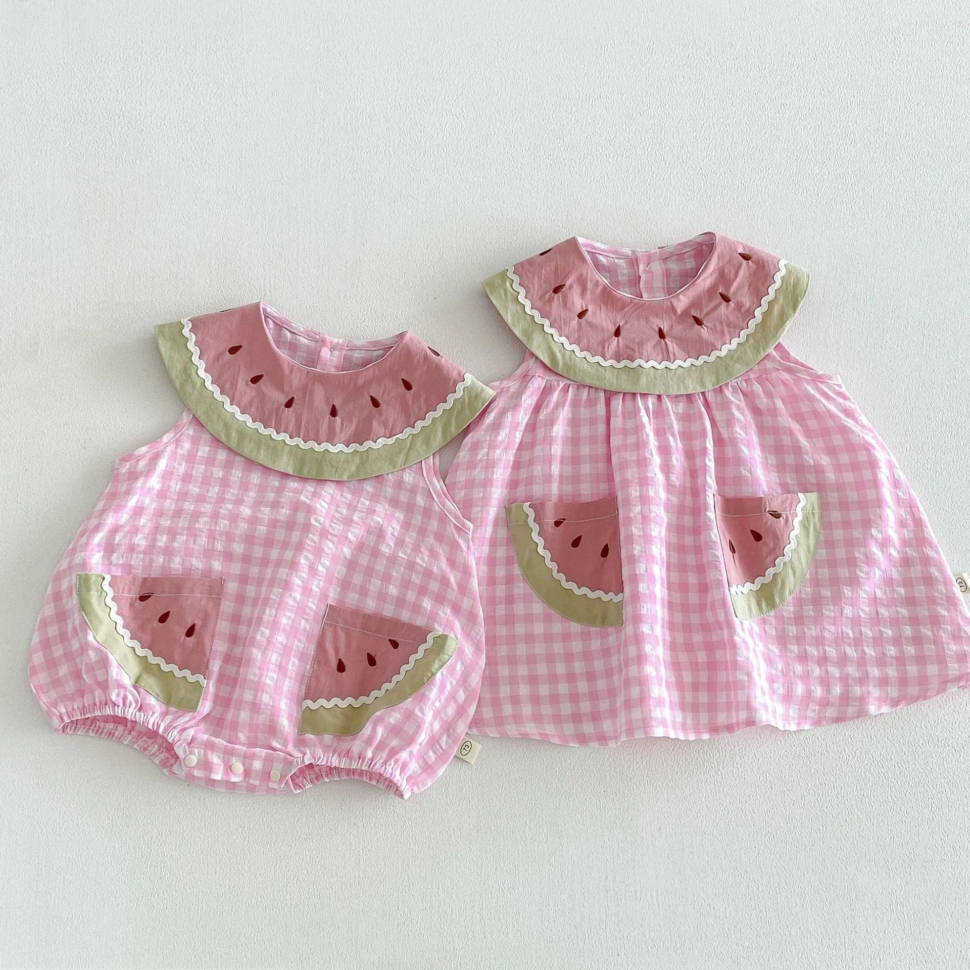 2026 New Summer Sweet Style Kids Dress Pink Watermelon Plaid Dress for Girls Sleeveless lightweight Children Clothes